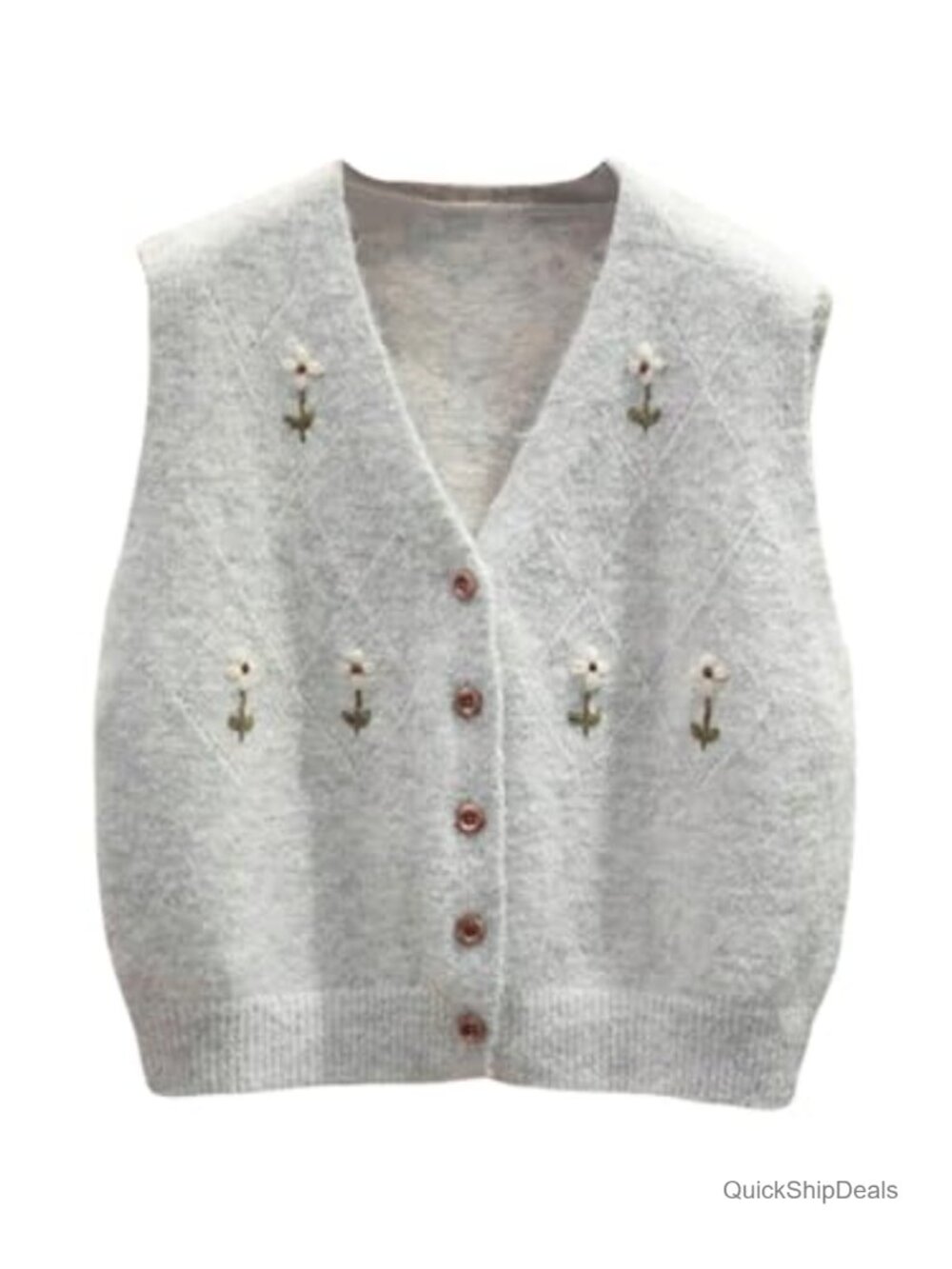 Floral Embroidery Sweater Vest Button Up Knit Boho Chic Top